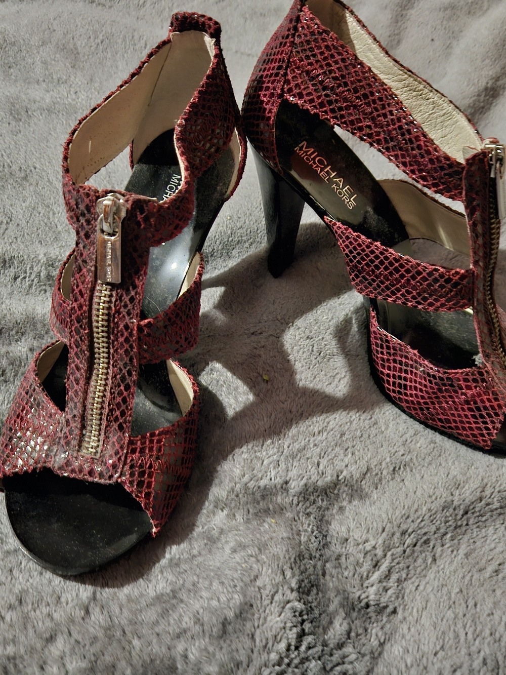 Michael Kors Burgundy Snake-Embossed Zip Front High Heel Sandals